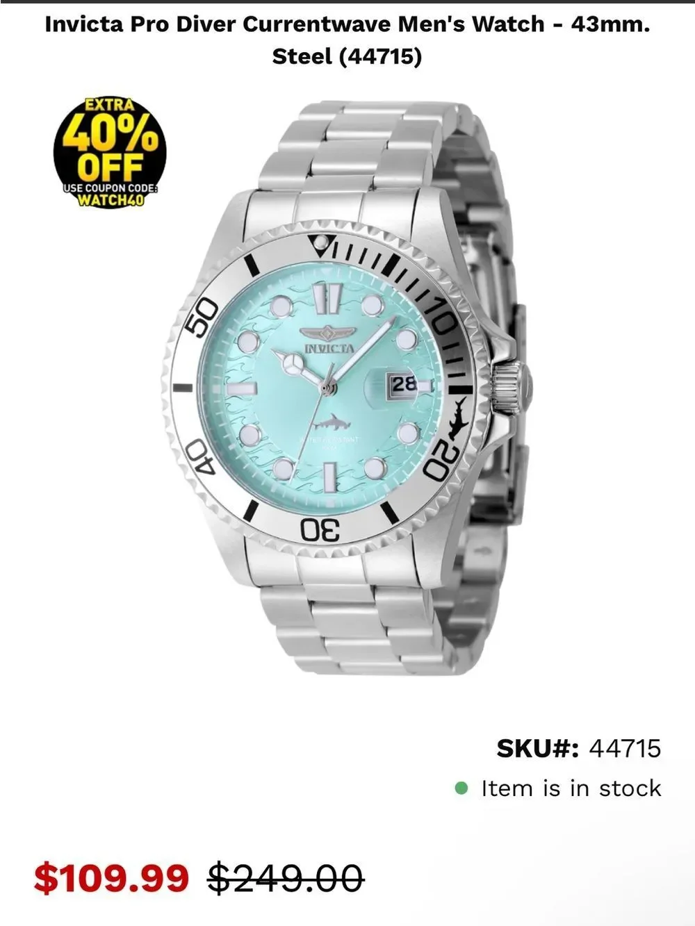 Invicta Pro Diver Currentwave Men's Watch - 43mm. Steel (44715) NEW IN BOX